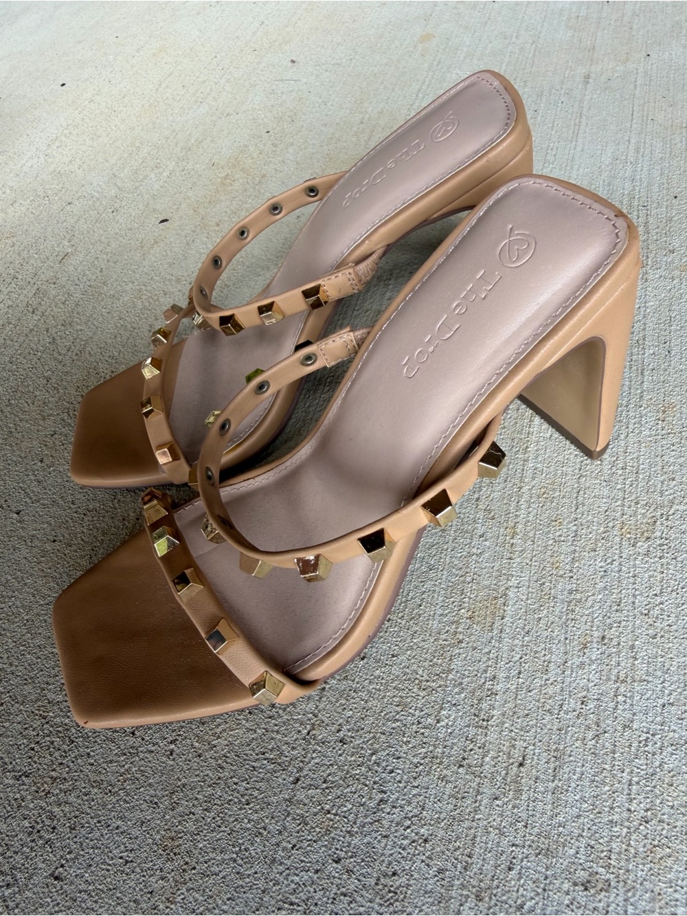 Block Heel Studded Sandals in Tan